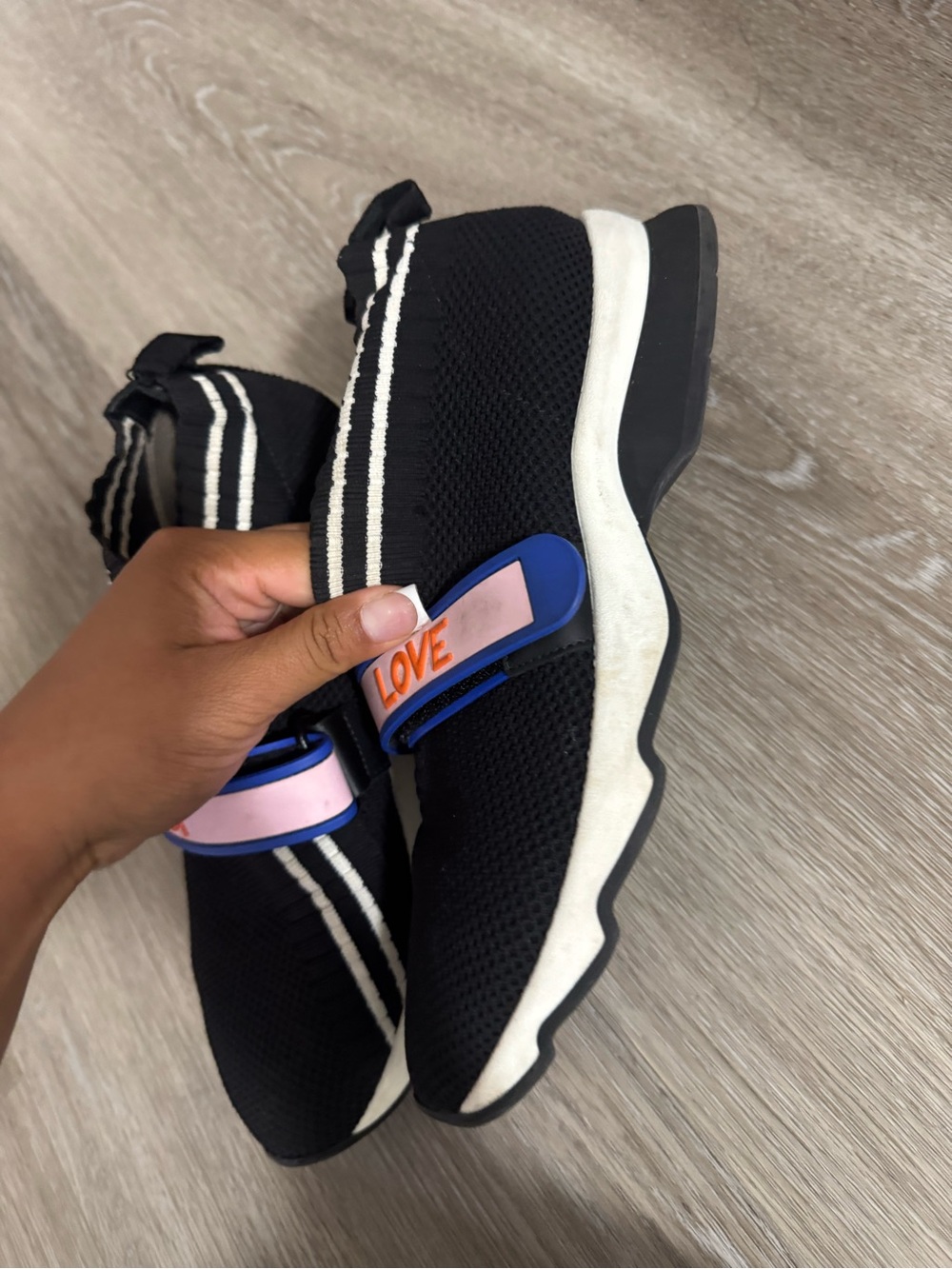 Fendi Black Knit Slip-On Sneakers with Blue, Pink & Orange LOVE Strap